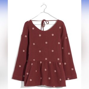 NWT Madewell Embroidered Peplum Open Back Top in Vintage Mulberry